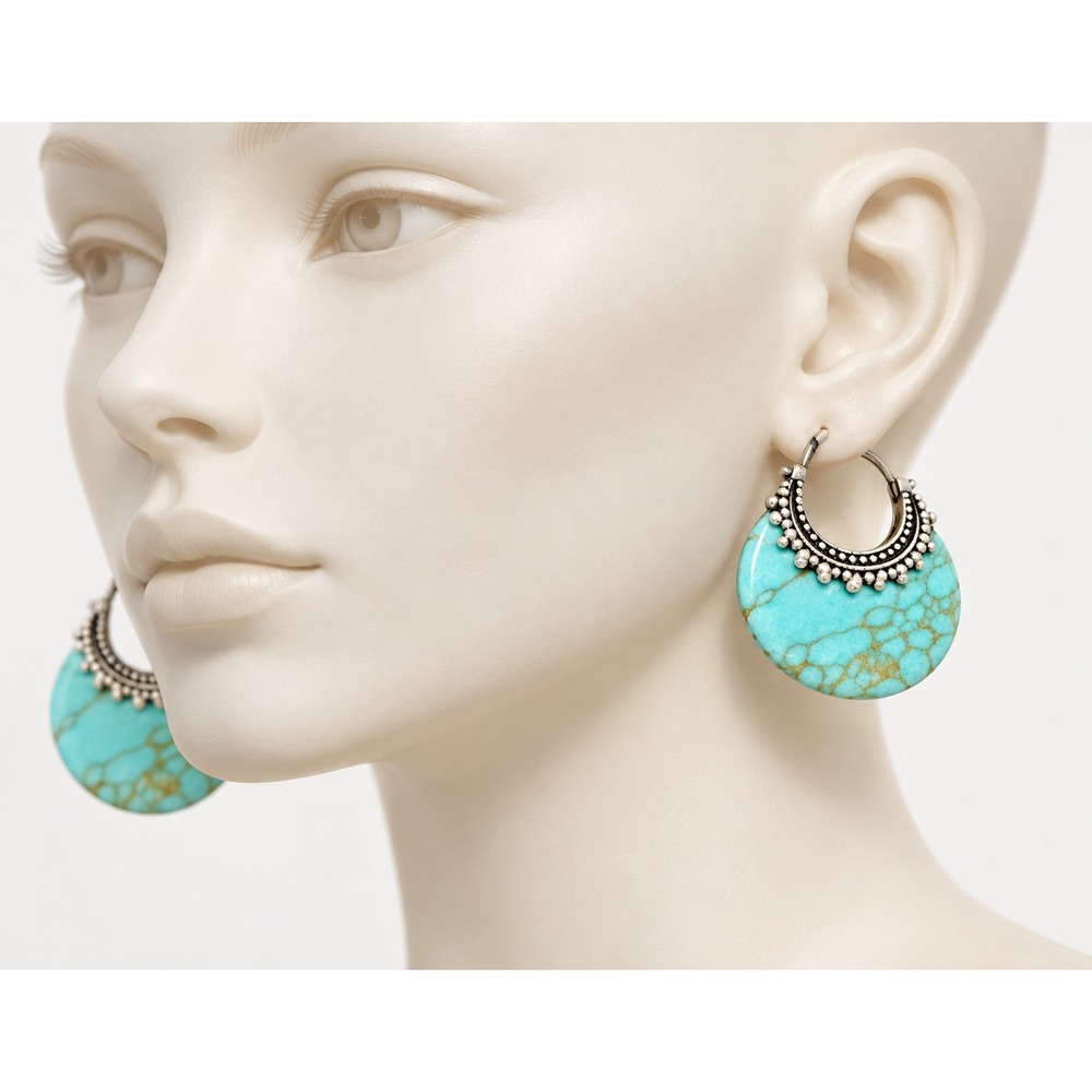 Blue Stone Silver Tone Ornate Hoop Earrings Southwest Style 1"